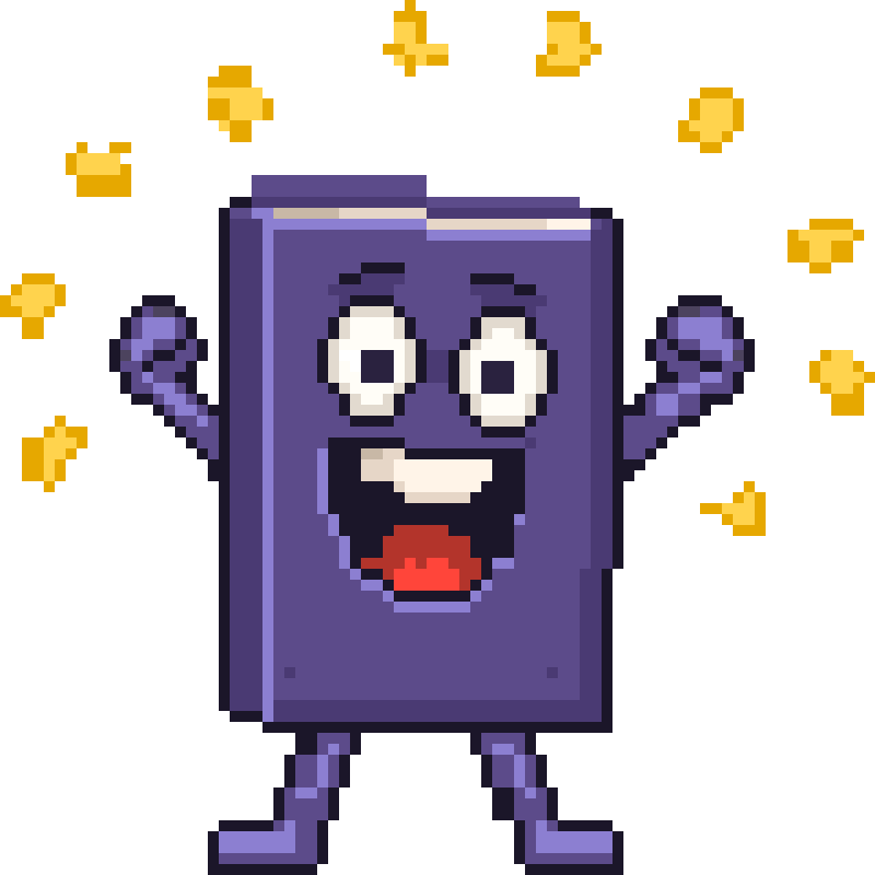 Booky, das Maskottchen von Word Weave, jubelt